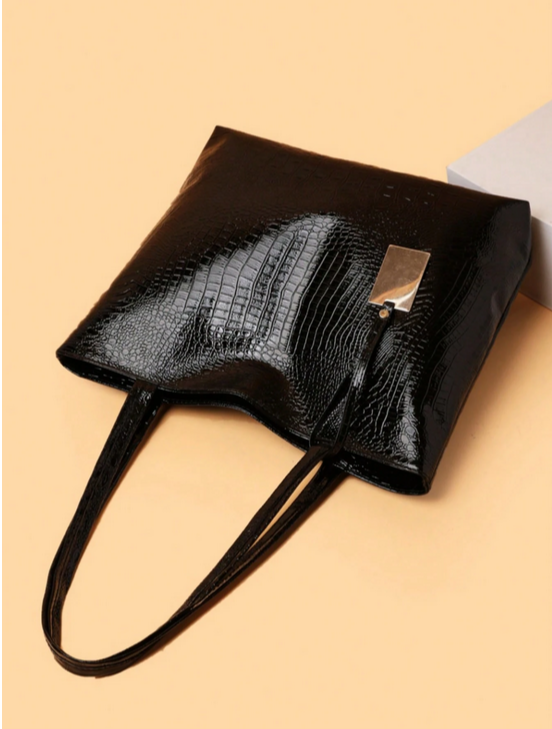 BOLSO NEGRO ESTAMPADO COCODRILO