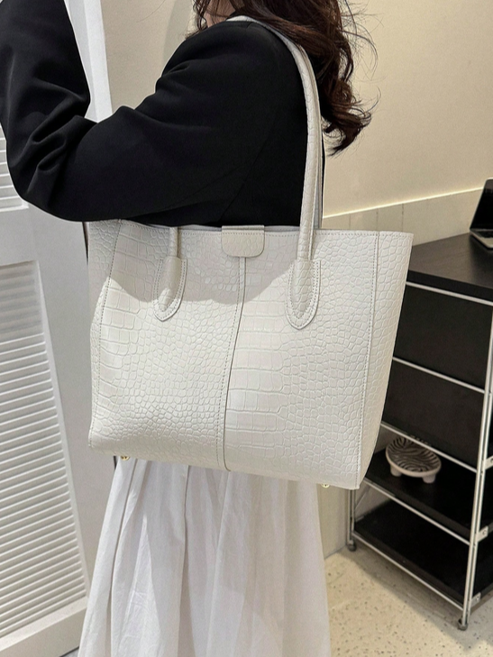 BOLSO BLANCO TAMAÑO GRANDE, IMITACION PIEL DE COCODRILO