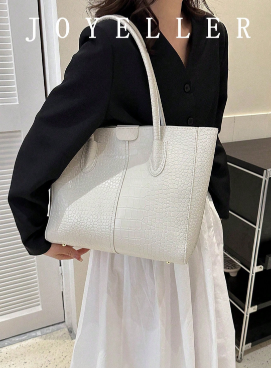 BOLSO BLANCO TAMAÑO GRANDE, IMITACION PIEL DE COCODRILO