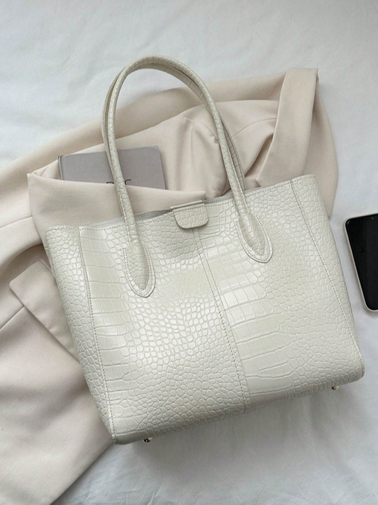 BOLSO BLANCO TAMAÑO GRANDE, IMITACION PIEL DE COCODRILO