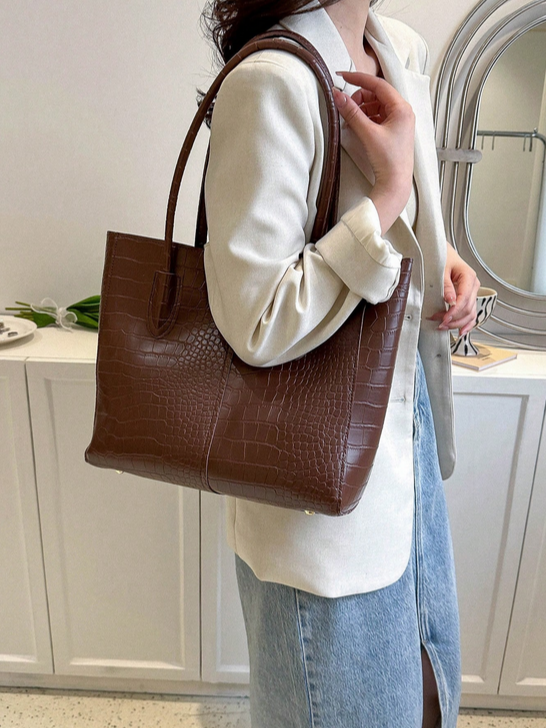 BOLSO GRANDE COLOR MARRON, IMITACION PIEL DE COCODRILO