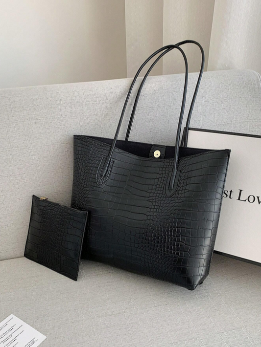 BOLSO NEGRO GRANDE,I IMITACION  PIEL COCODRILO